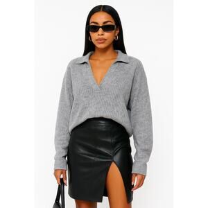 L’Academie Cropped Collared Sweater Soft Deep V Slouchy Soft Grey Gray Medium